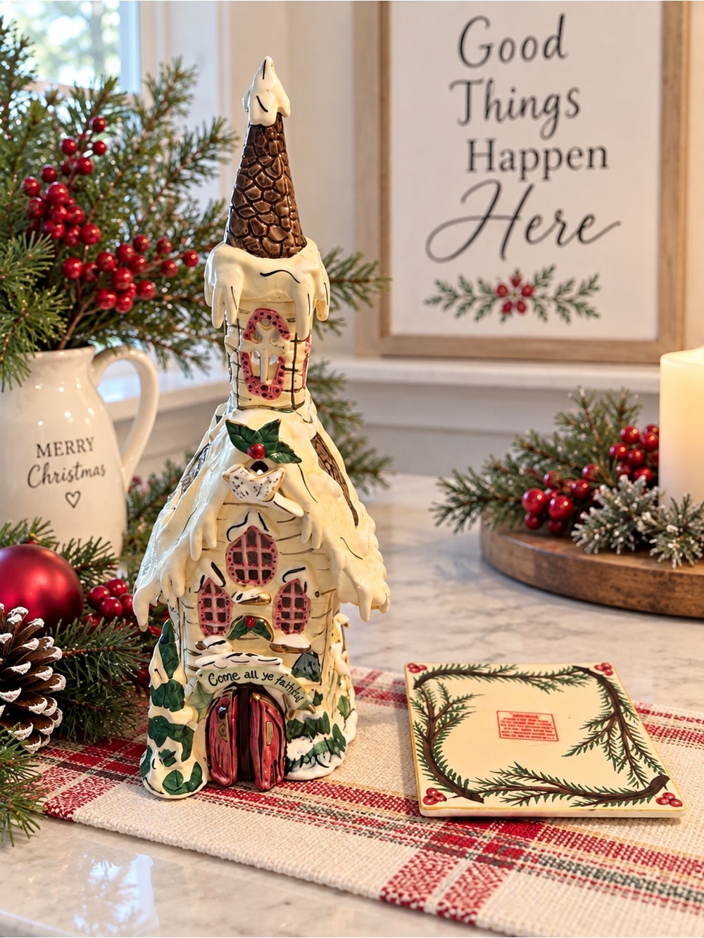Blue Sky Cream and Red Ceramic Christmas Church Figurine